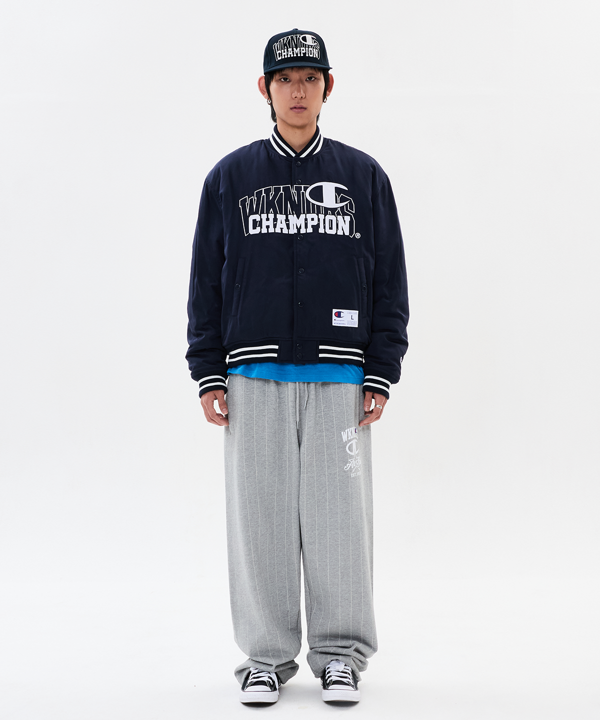 위캔더스(WKNDRS) WKNDRS x CHAMPION STRIPED SWEAT PANTS (M.GREY)
