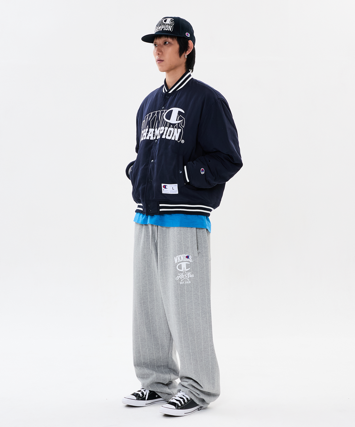 위캔더스(WKNDRS) WKNDRS x CHAMPION STRIPED SWEAT PANTS (M.GREY)