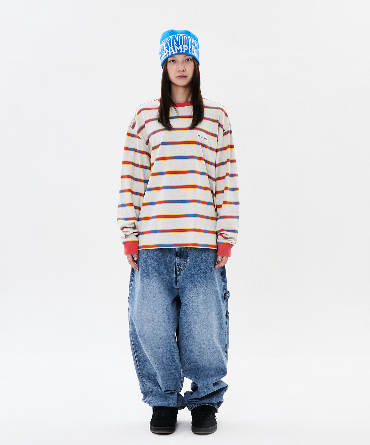 위캔더스(WKNDRS) WKNDRS x CHAMPION STRIPED LS T-SHIRT (OATMEAL)