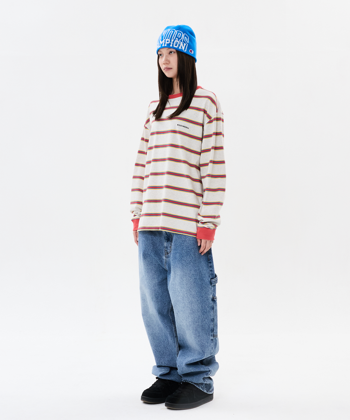 위캔더스(WKNDRS) WKNDRS x CHAMPION STRIPED LS T-SHIRT (OATMEAL)