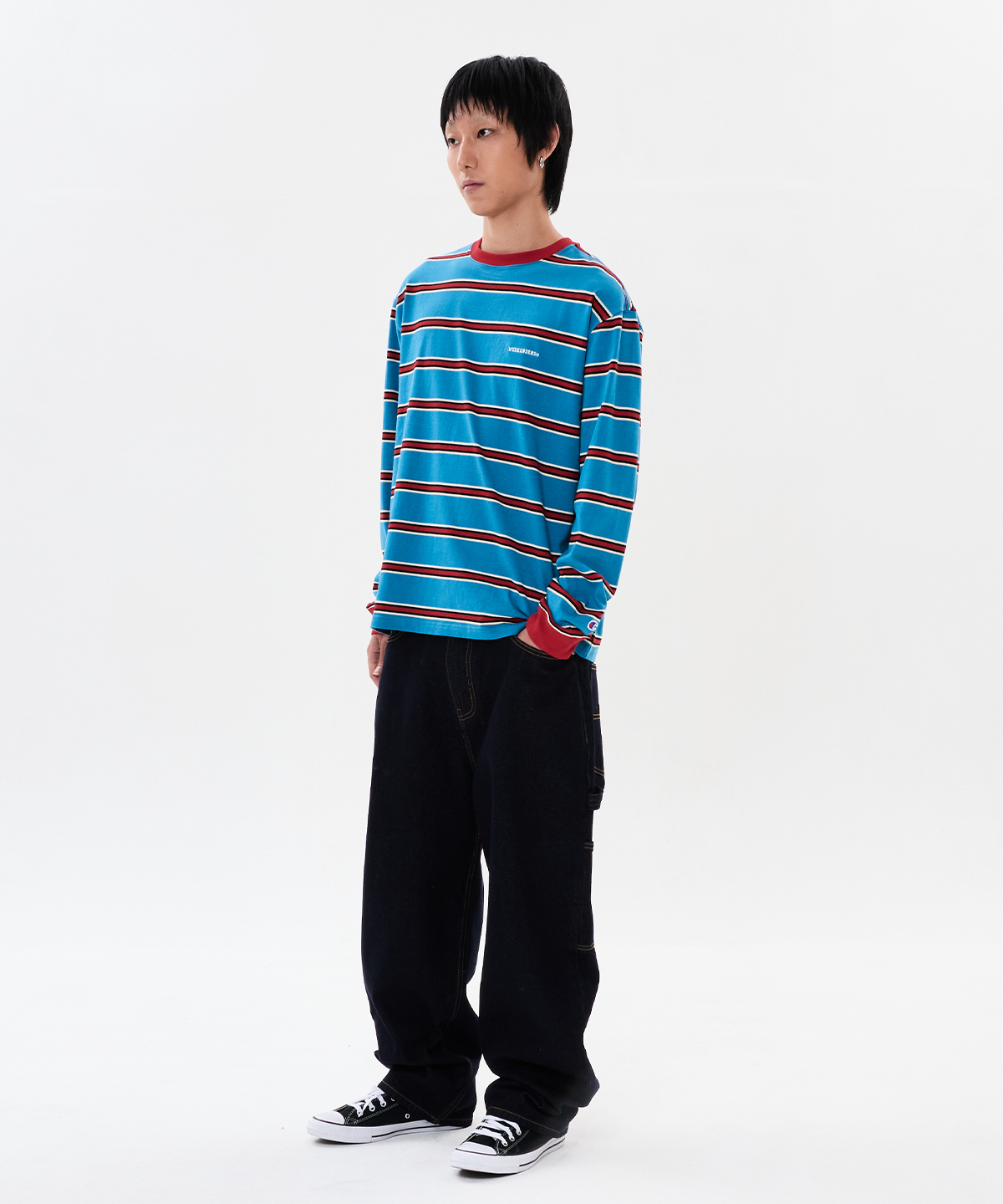 위캔더스(WKNDRS) WKNDRS x CHAMPION STRIPED LS T-SHIRT (BLUE)