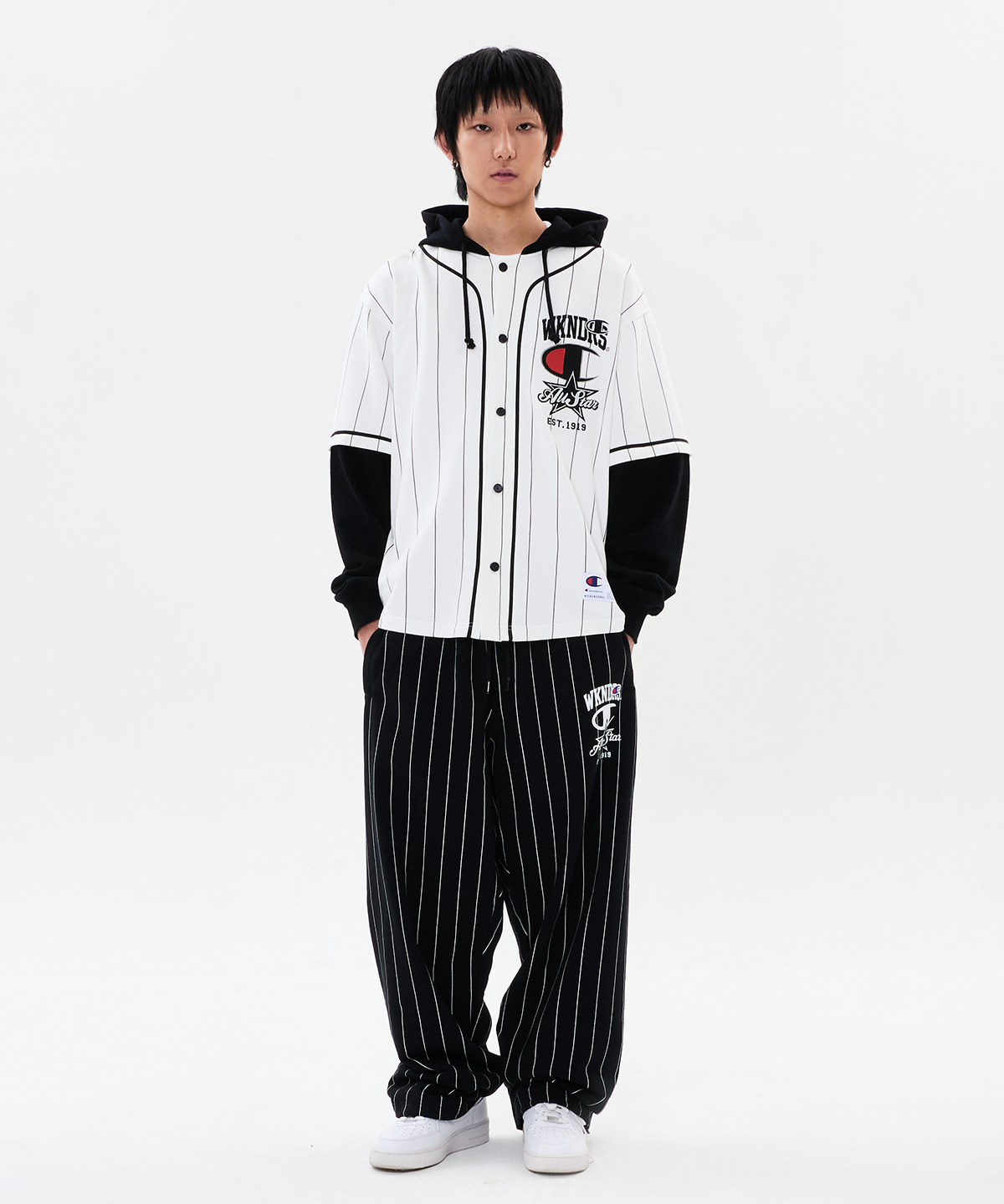 위캔더스(WKNDRS) WKNDRS x CHAMPION LAYERED BASEBALL SHIRT JK (WHITE)