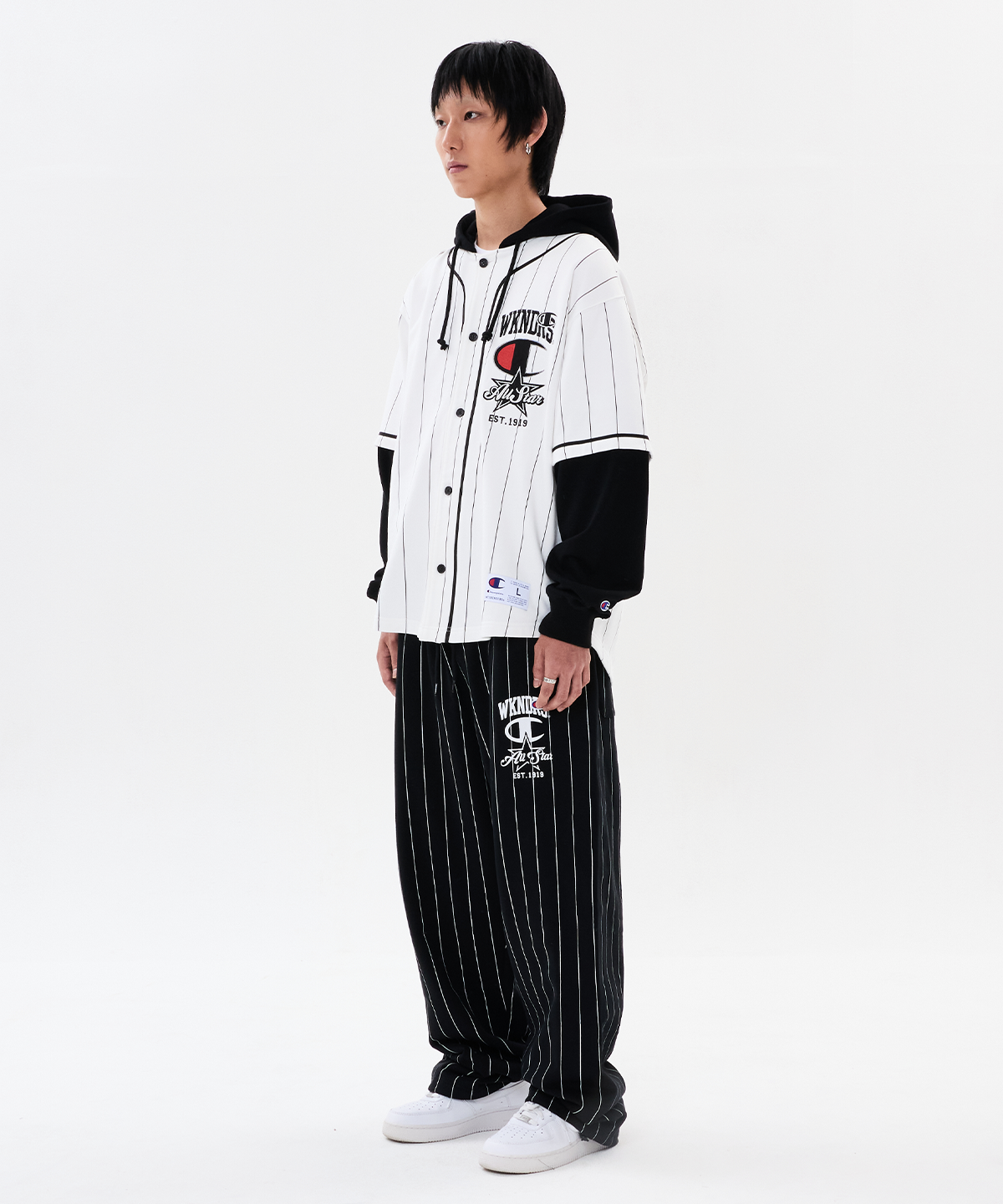 위캔더스(WKNDRS) WKNDRS x CHAMPION LAYERED BASEBALL SHIRT JK (WHITE)