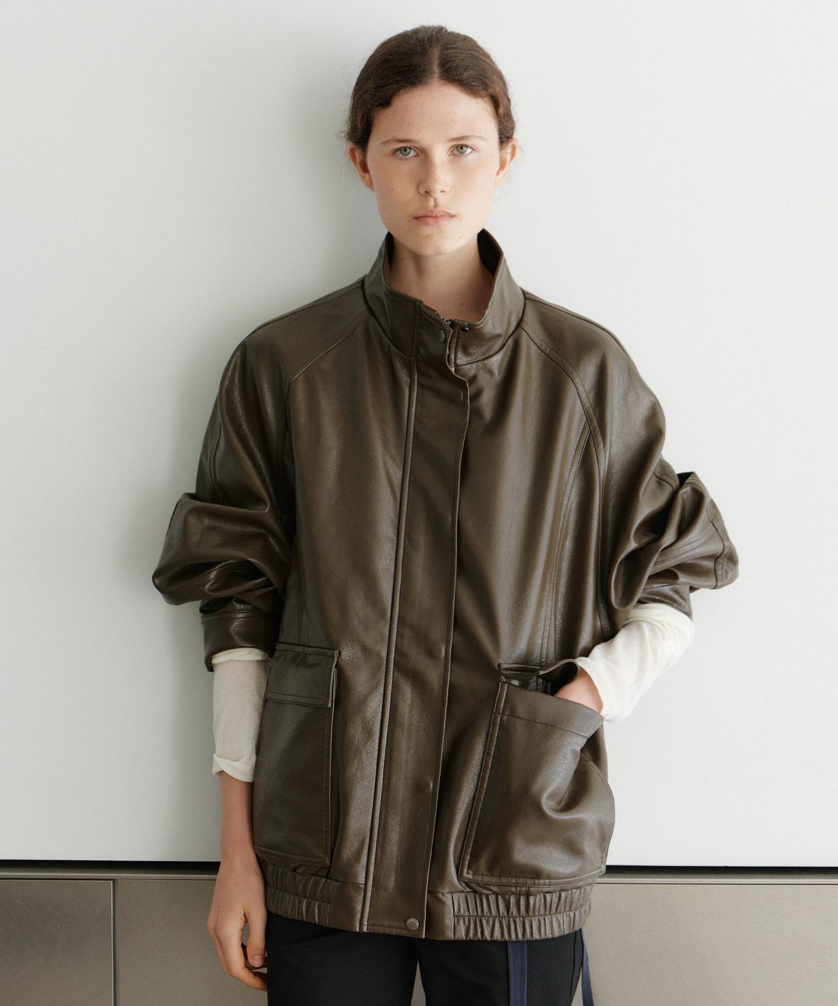 유라고(URAGO) Pocket leather overfit blouson_Khaki brown