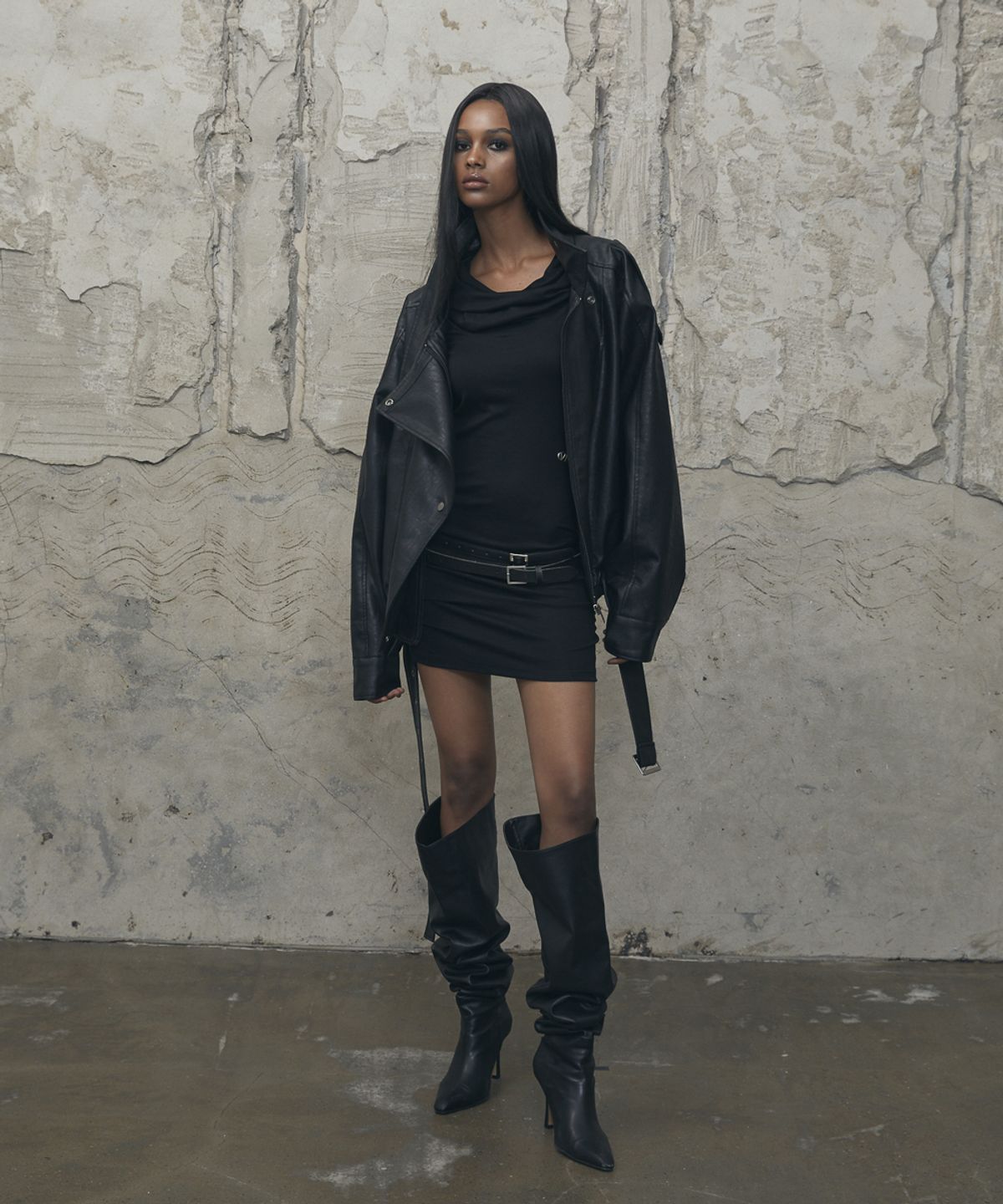 분트(VOONT) Belt High-Neck Leather Jacket (BLACK)