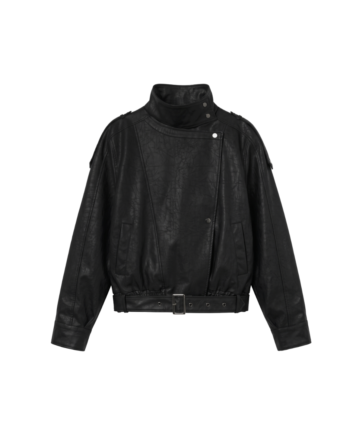 분트(VOONT) Belt High-Neck Leather Jacket (BLACK)