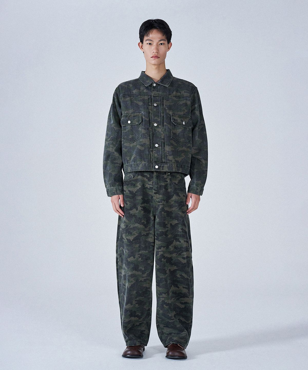 프로젝트쓰리(PROJECT3) 카모 데님 팬츠 자켓 셋업 세트[KAKI CAMO]_SET0282
