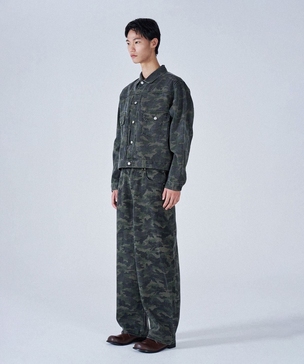 프로젝트쓰리(PROJECT3) 카모 데님 팬츠 자켓 셋업 세트[KAKI CAMO]_SET0282