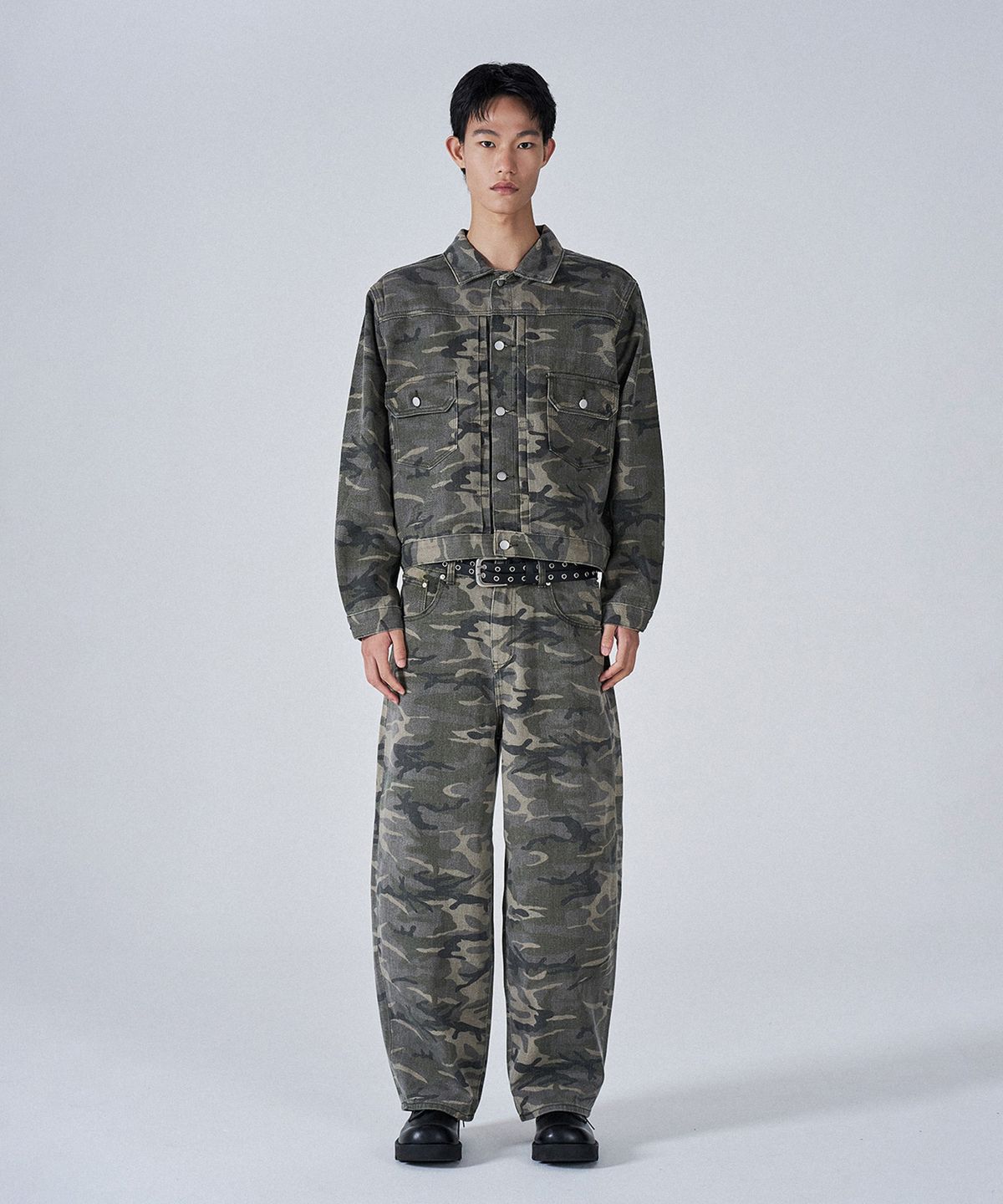 프로젝트쓰리(PROJECT3) 카모 데님 팬츠 자켓 셋업 세트[BEIGE CAMO]_SET0183