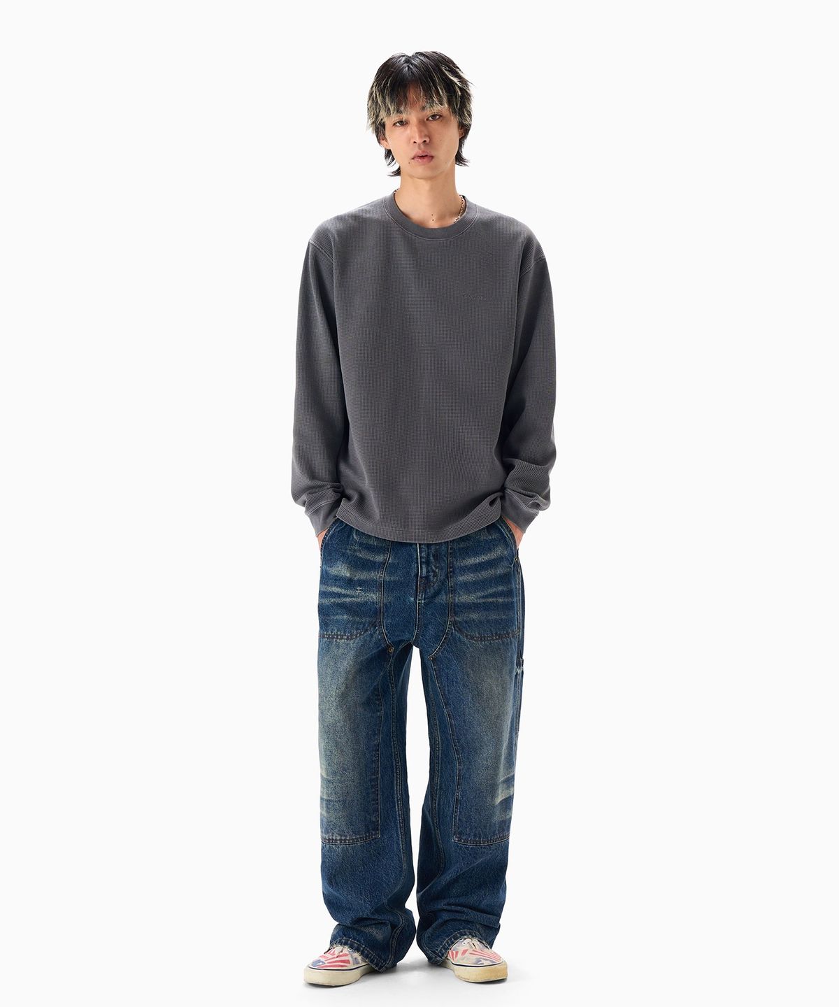 디키즈(DICKIES) 백 모노 로고 와플 롱슬리브 Charcoal