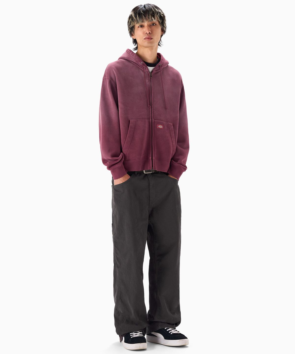 디키즈(DICKIES) 가먼트 다이드 세미 크롭 집업 후디 Burgundy