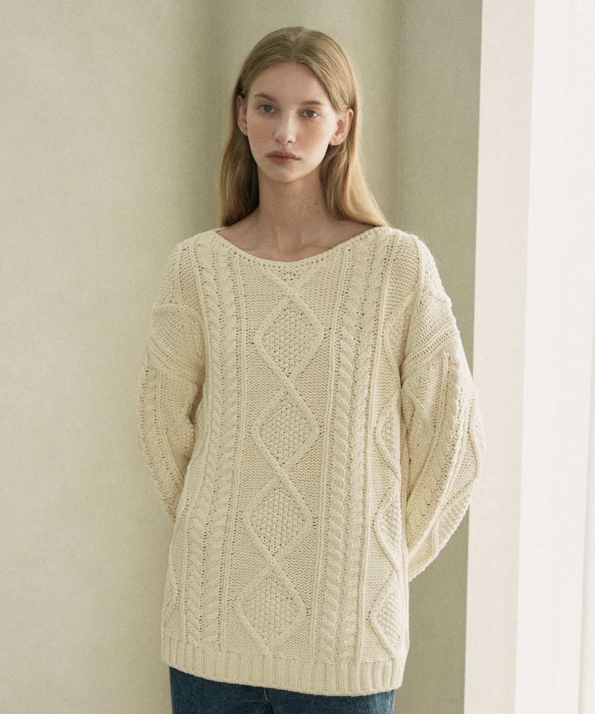 블레티(VLETI) Fisherman Cotton Boat-neck Loosefit Knit (cream)