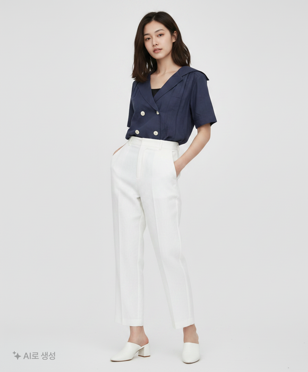 오이아우어(OIAUER) Double Button Sailor Blouse in Navy M