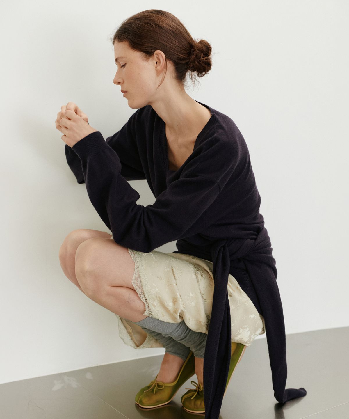유라고(URAGO) Washable V-neck knit shawl set_Navy