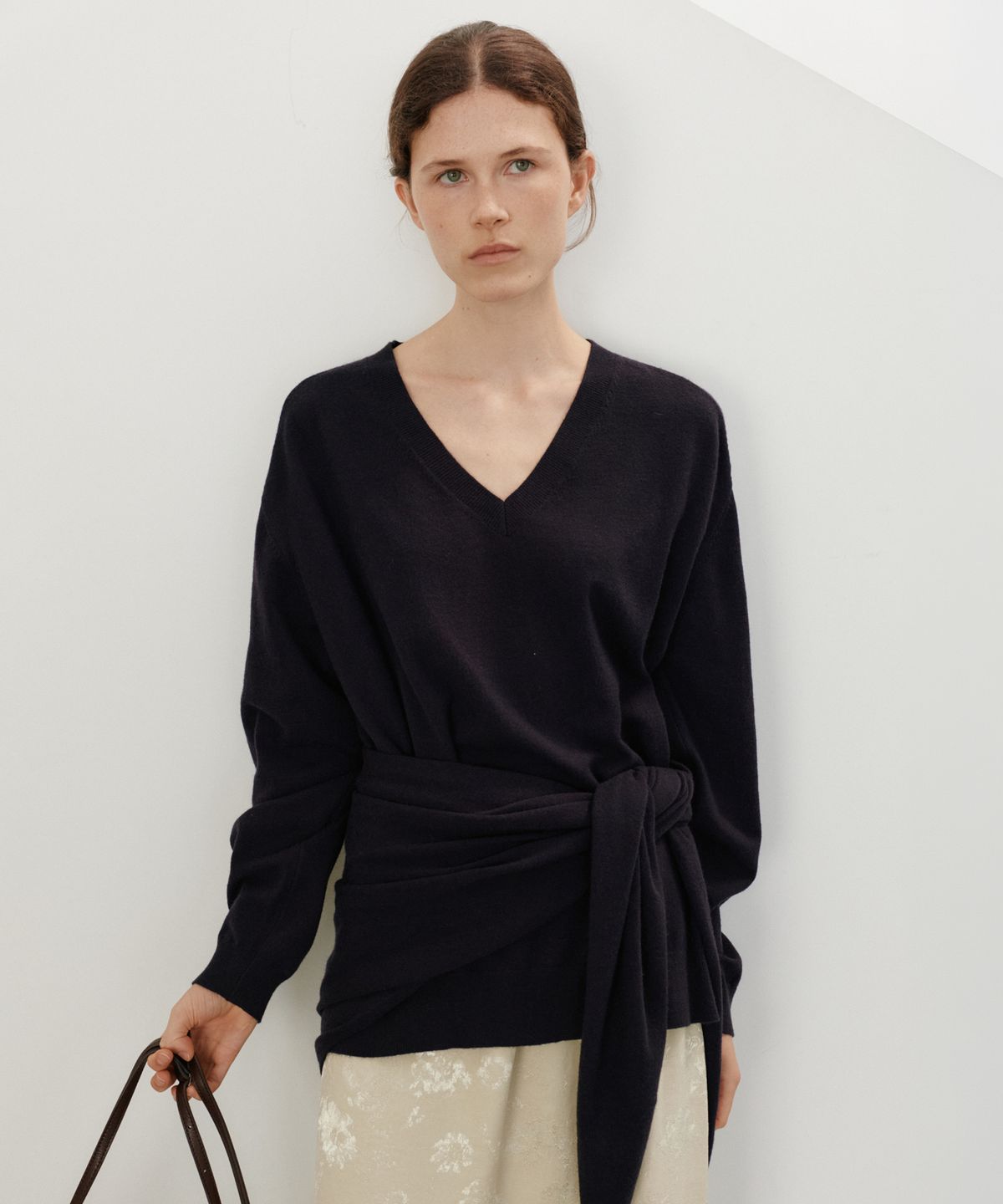 유라고(URAGO) Washable V-neck knit shawl set_Navy
