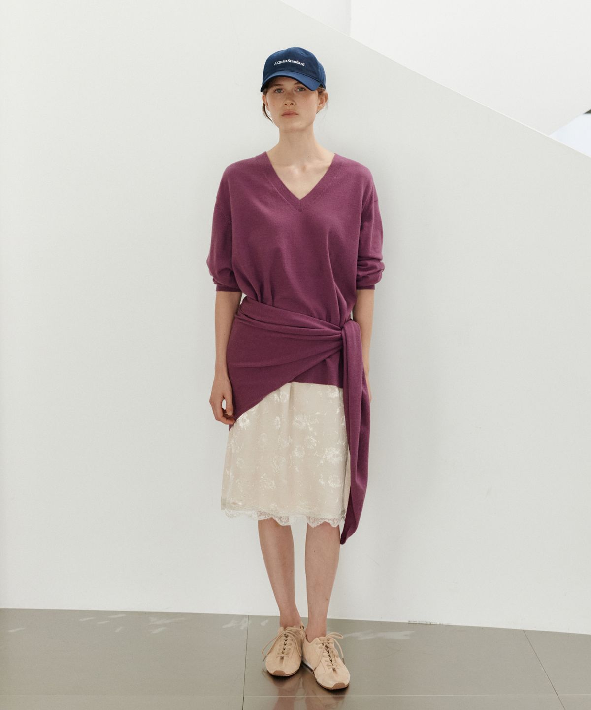 유라고(URAGO) Washable V-neck knit shawl set_Purple