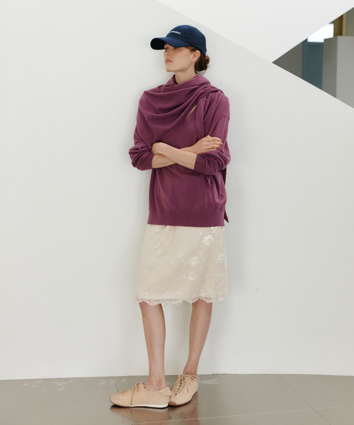 유라고(URAGO) Washable V-neck knit shawl set_Purple