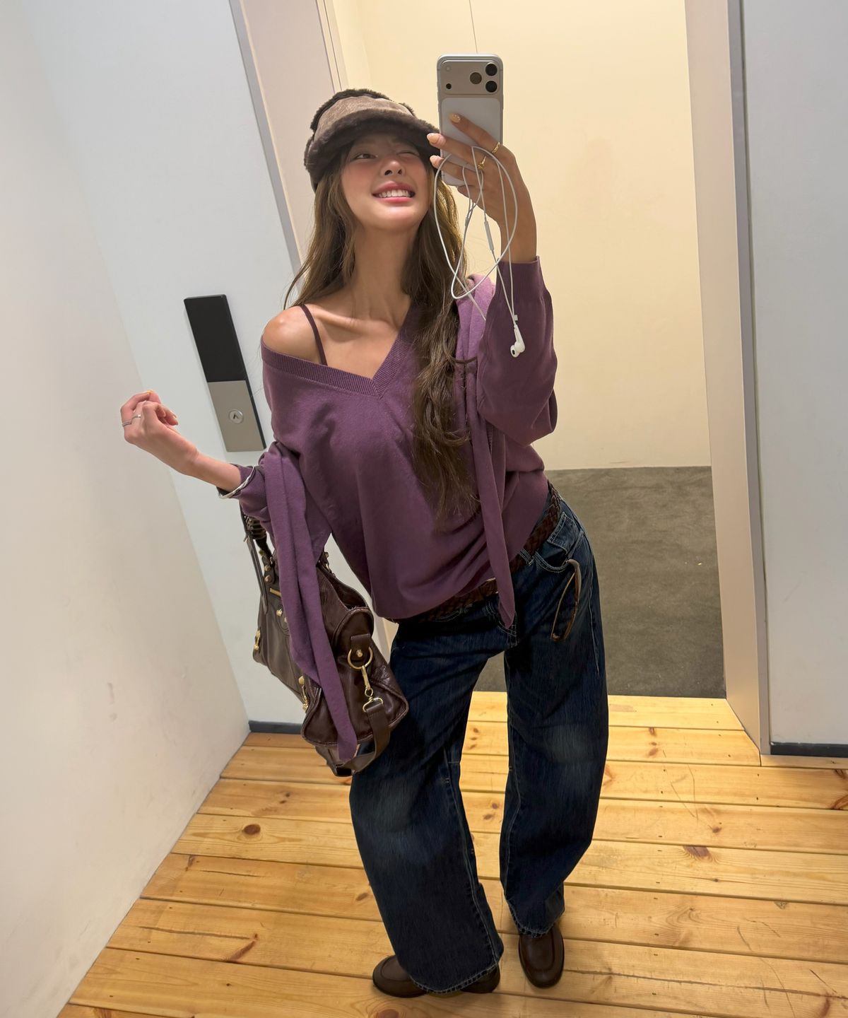 유라고(URAGO) Washable V-neck knit shawl set_Purple