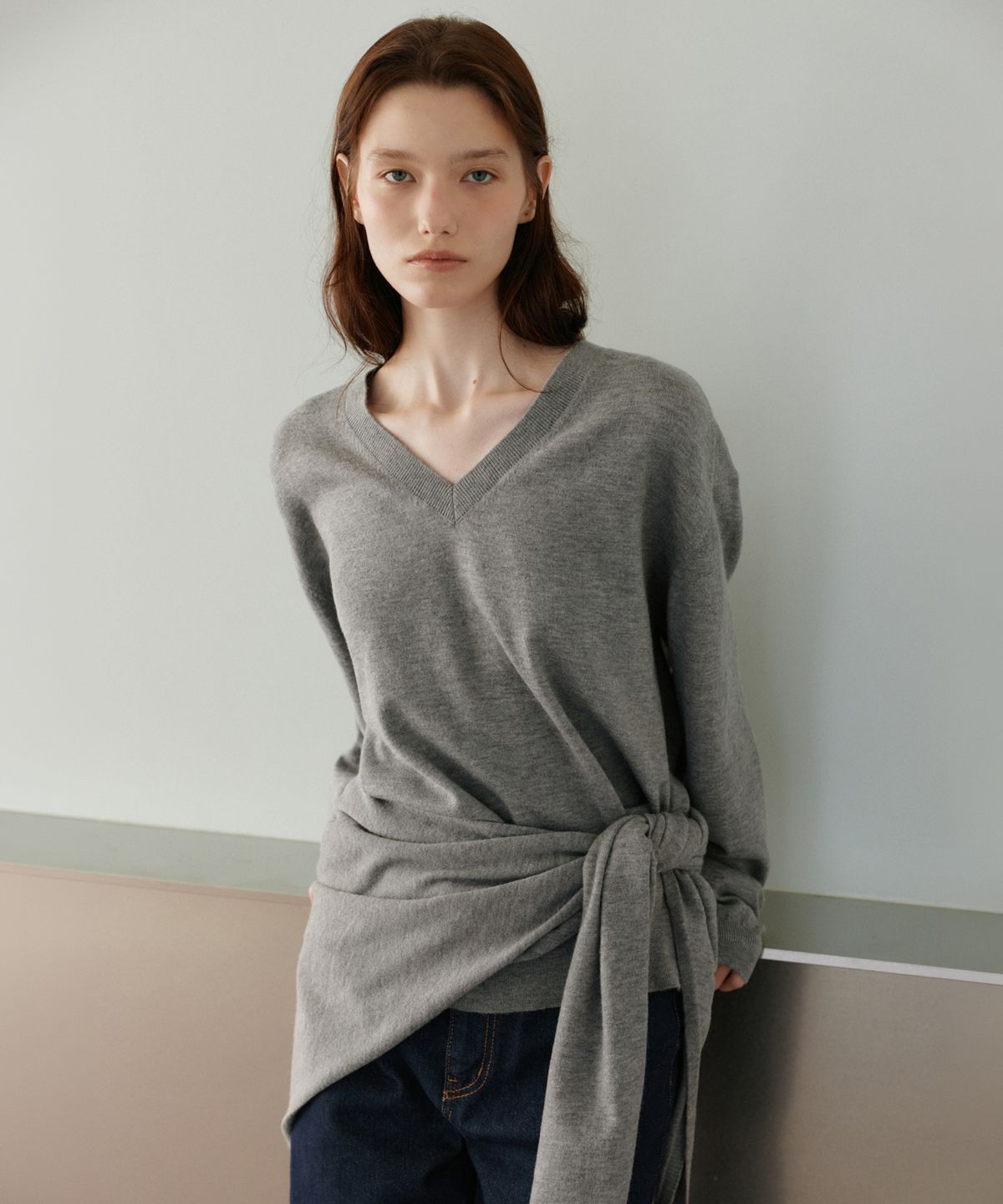 유라고(URAGO) Washable V-neck knit shawl set_Melange gray