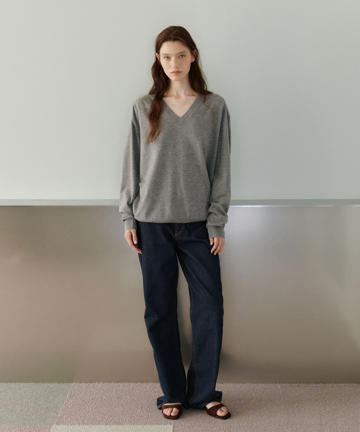유라고(URAGO) Washable V-neck knit shawl set_Melange gray