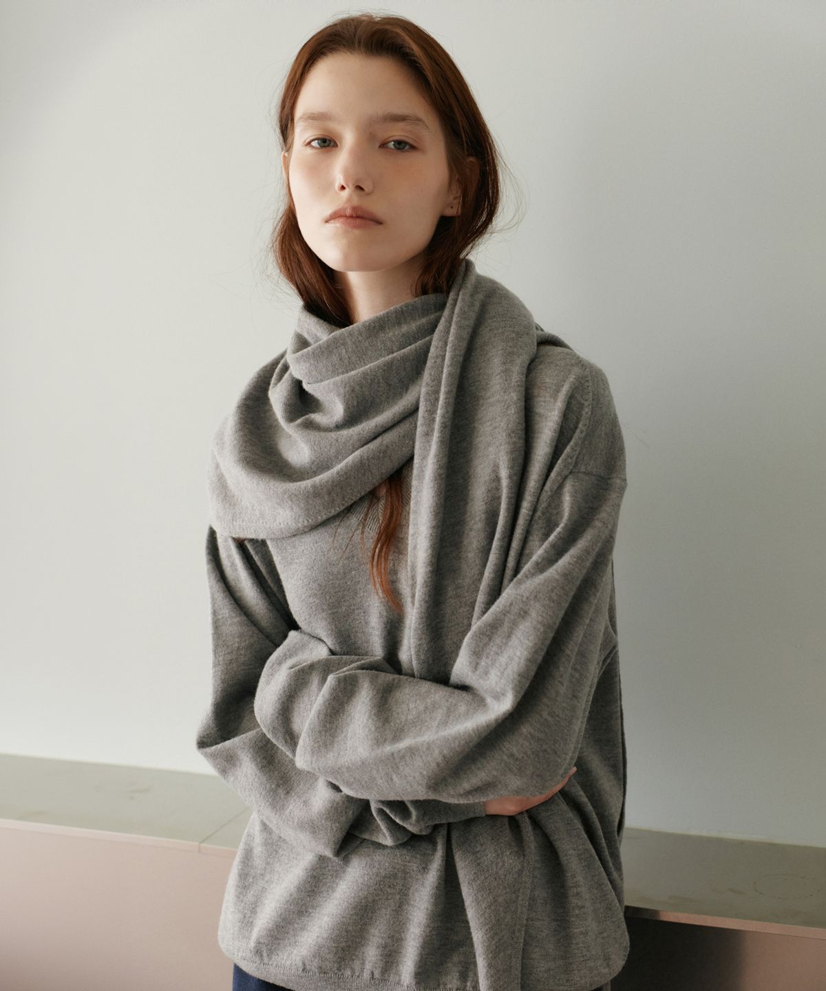 유라고(URAGO) Washable V-neck knit shawl set_Melange gray