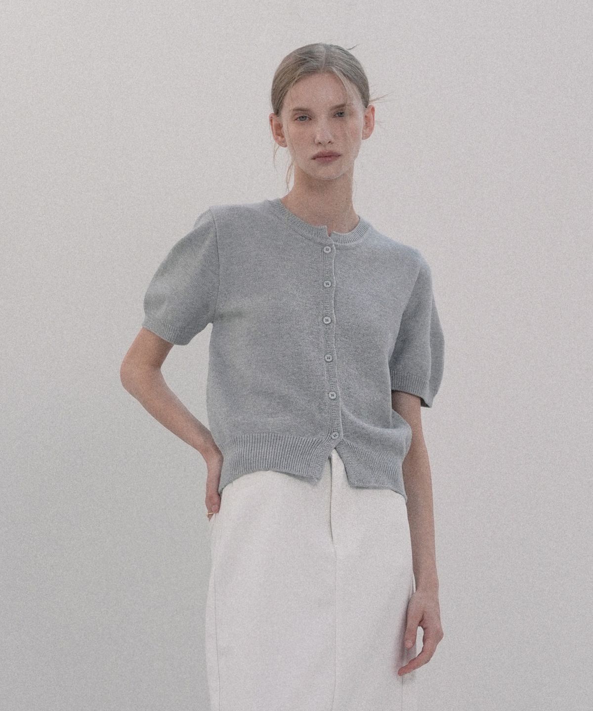 블레티(VLETI) Basic Round Half Knit Cardigan (gray)
