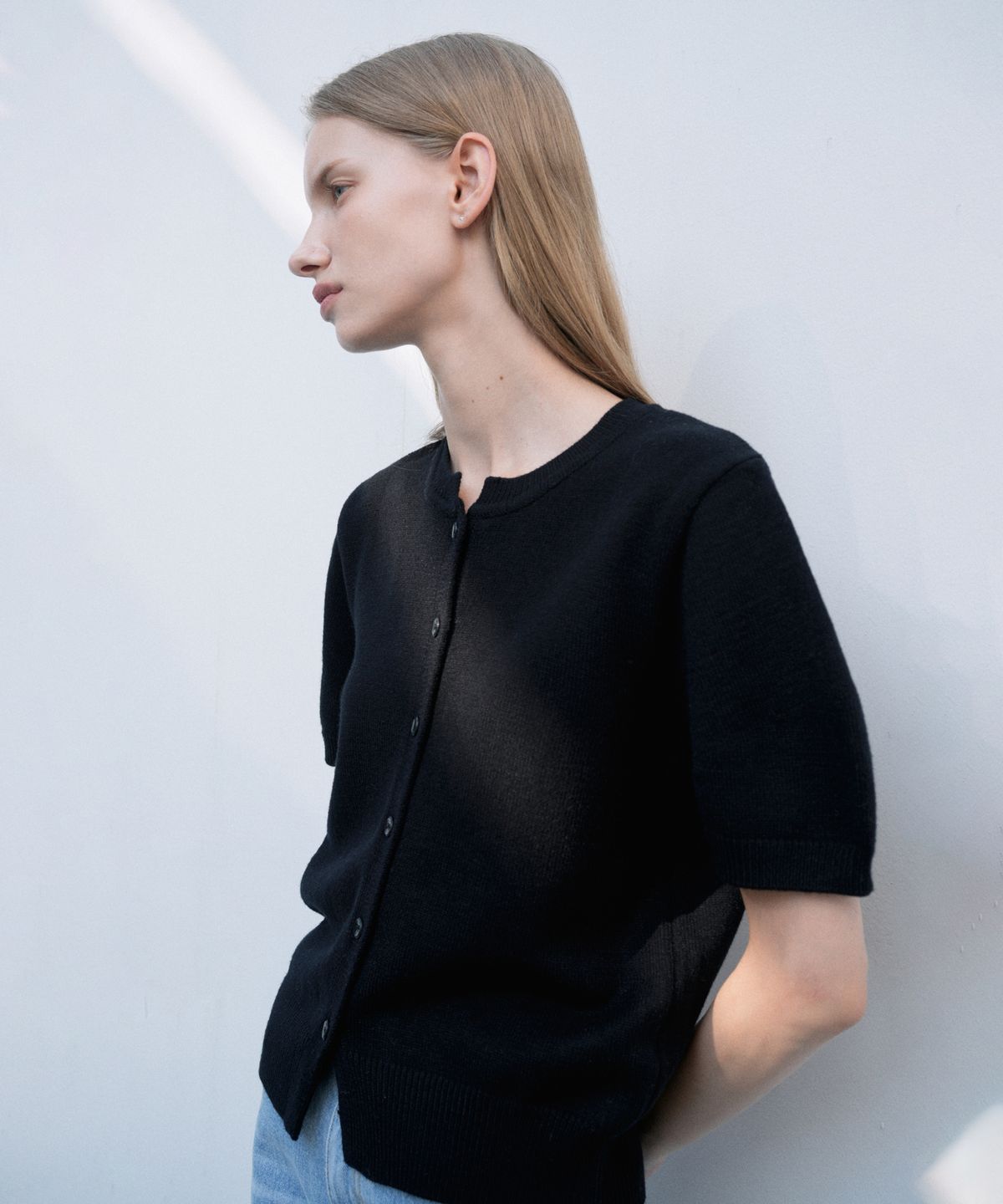 블레티(VLETI) Basic Round Half Knit Cardigan (black)