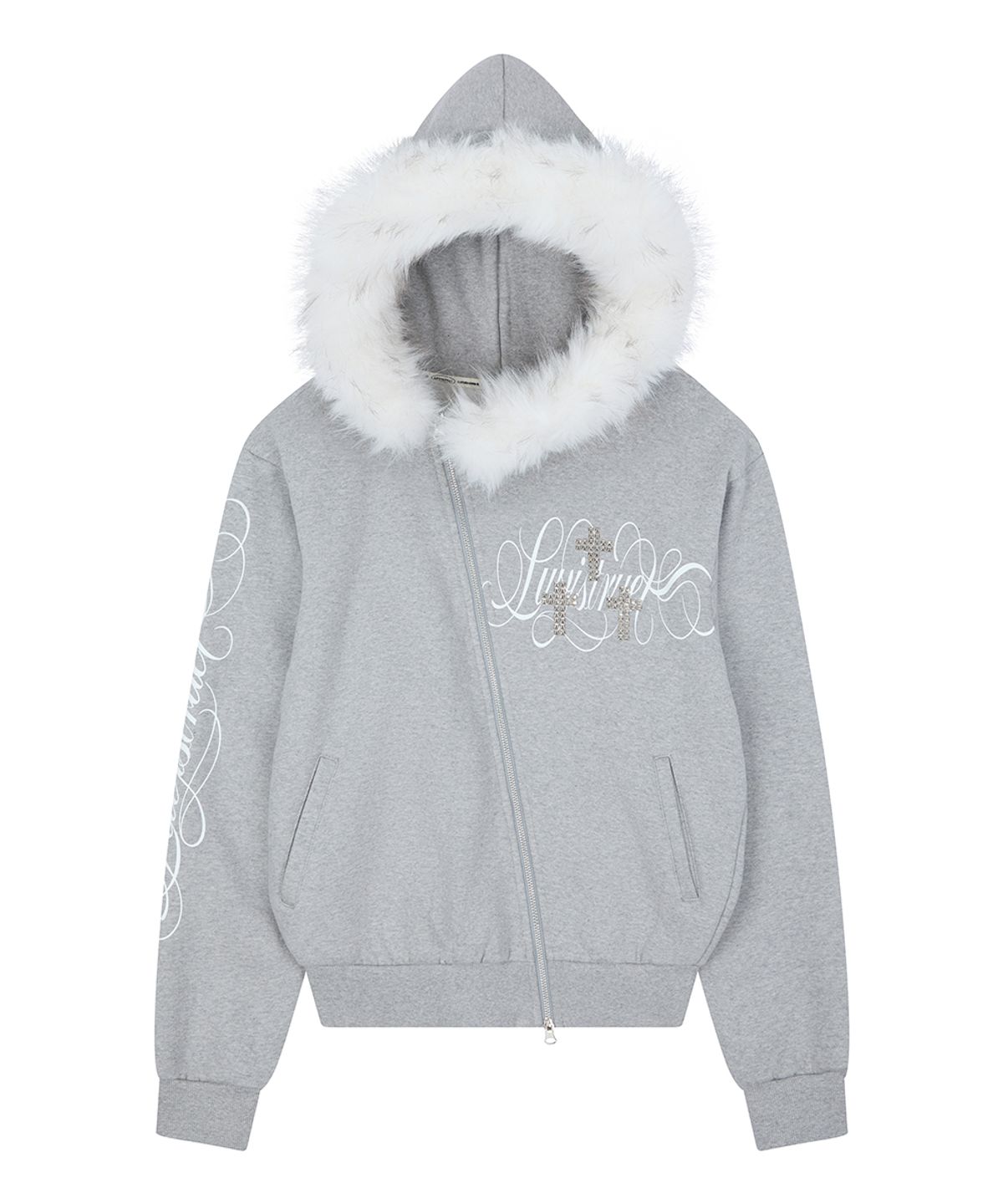 러브이즈트루(LUVISTRUE) RL CROSS LETTERING FUR HOOD ZIP UP(GRAY)