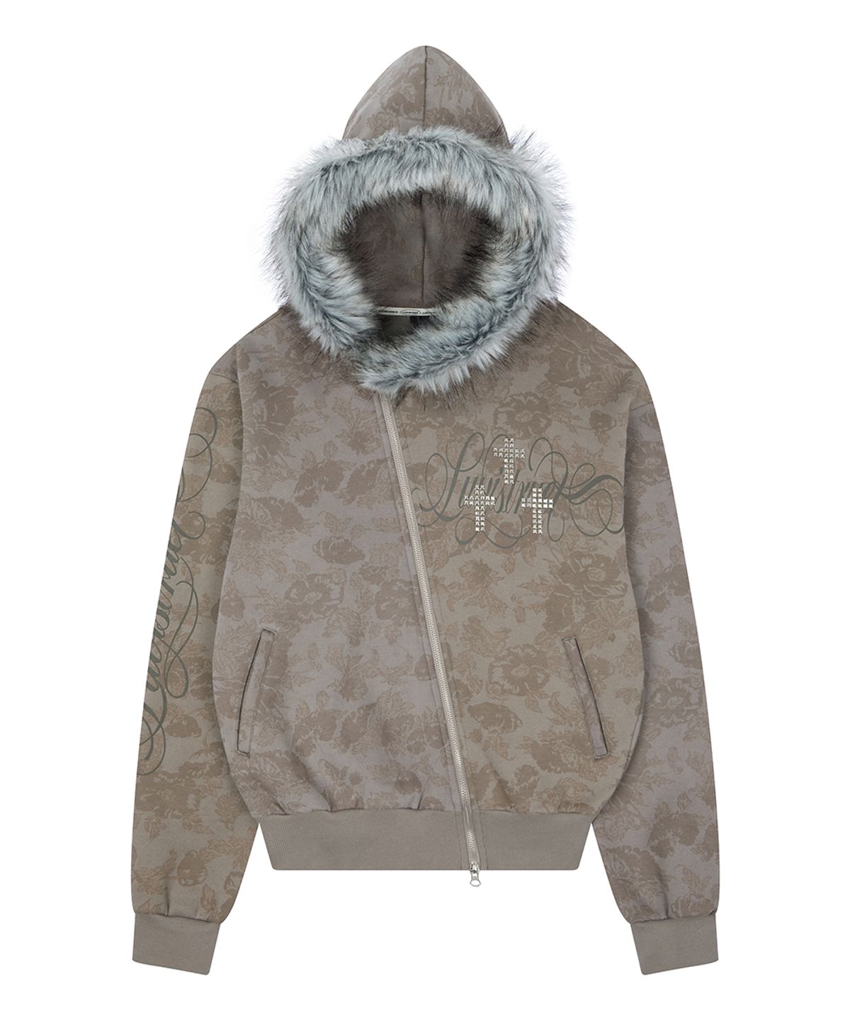 러브이즈트루(LUVISTRUE) RL CROSS LETTERING FUR HOOD ZIP UP(BROWN)