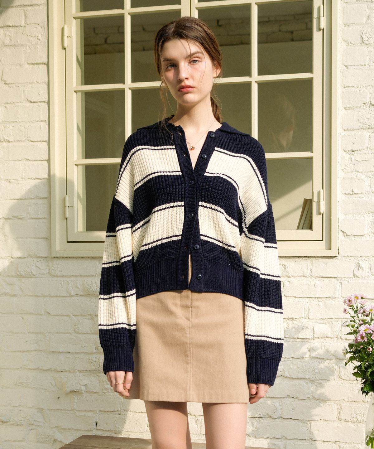 블레티(VLETI) Wool Stripe Collar Knit Cardigan (navy)