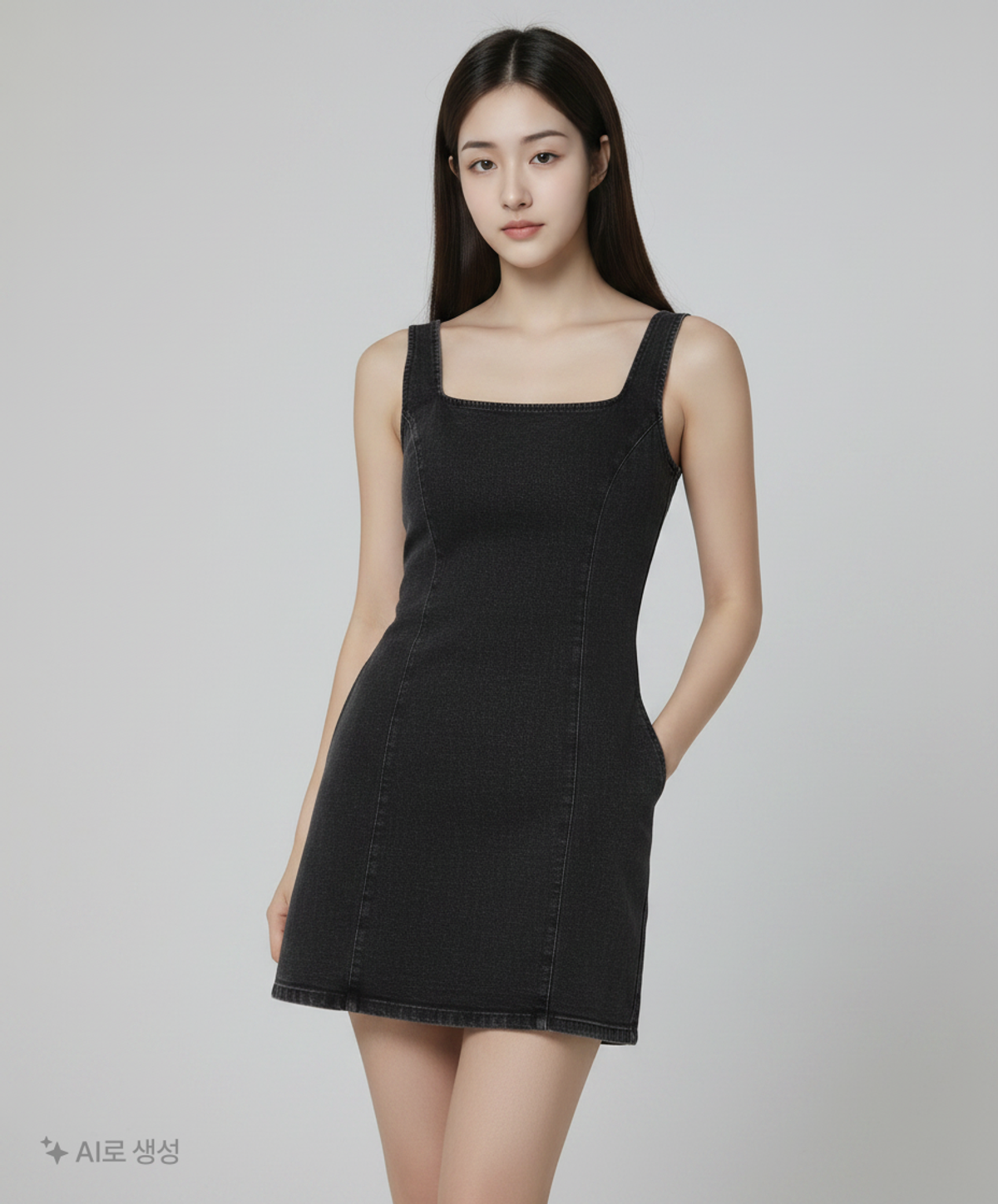 제로플래닛(ZEROPLANET) 스퀘어 스판 데님 원피스 [BLACK] S