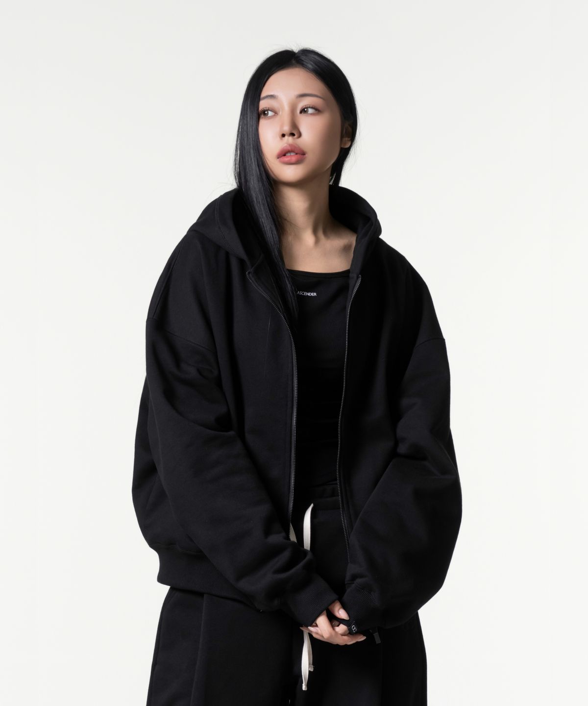 어센더(ASCENDER) (히든포켓) 코어 헤비 오버핏 크롭 후드집업 [블랙]