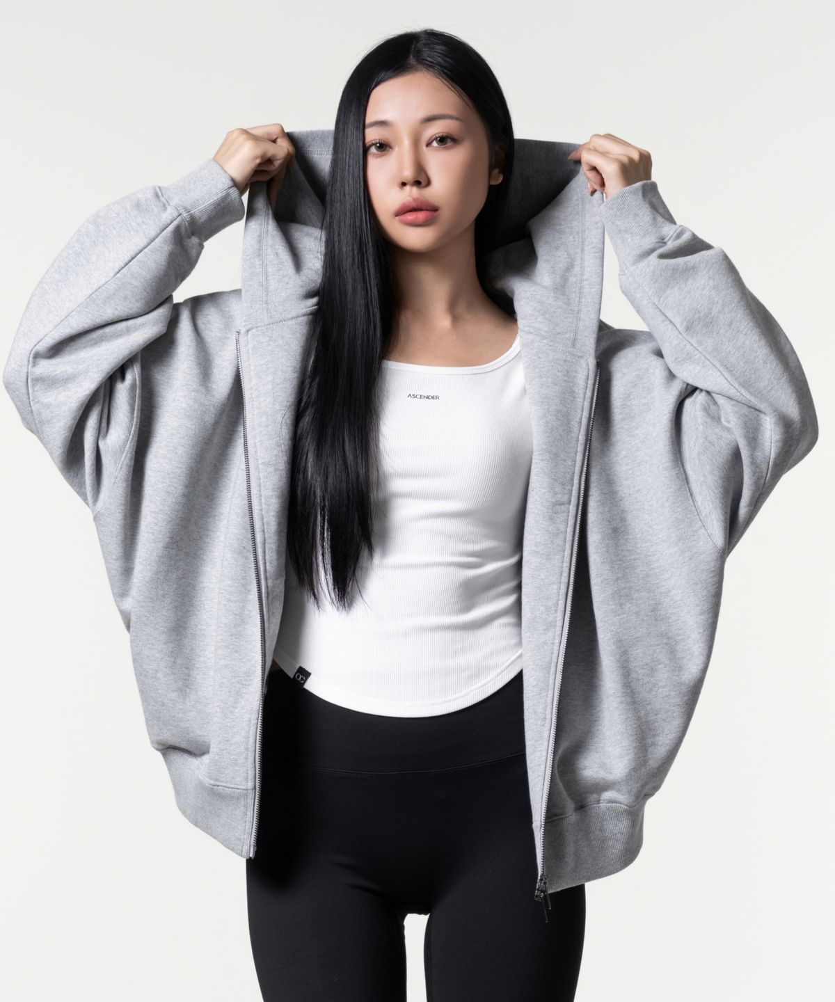 어센더(ASCENDER) (히든포켓) 코어 헤비 오버핏 크롭 후드집업 [그레이]