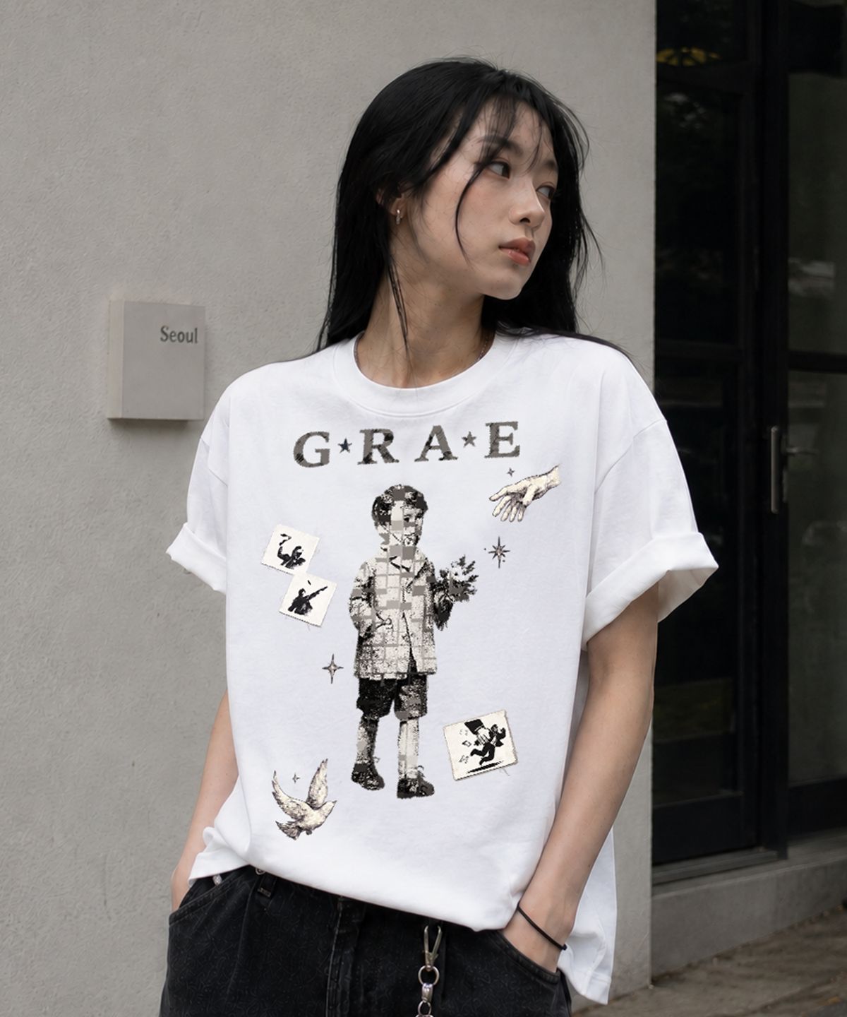 그레이버 오디너리(GRAVER ORDINARY) [ODNR UNISEX]Grae Peace 반팔 티셔츠_WHITE