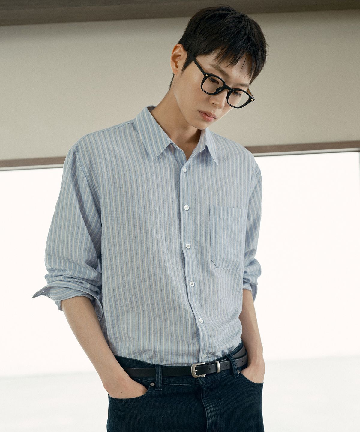 마인드브릿지(MINDBRIDGE) [COUTURE]스트라이프 오버핏 긴팔 포켓 셔츠 - 3color