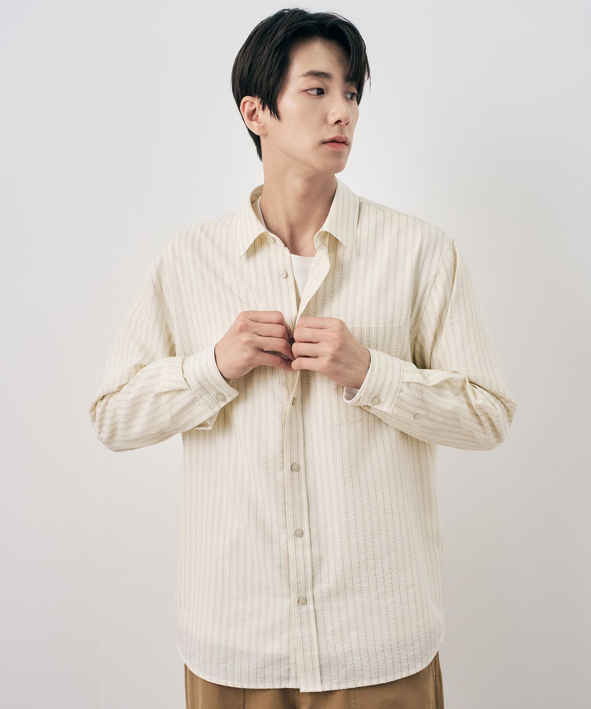 마인드브릿지(MINDBRIDGE) [COUTURE]스트라이프 오버핏 긴팔 포켓 셔츠 - 3color