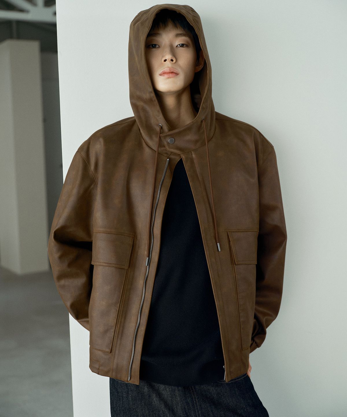 마인드브릿지(MINDBRIDGE) [COUTURE]브라운 레더 오버핏 후드 점퍼