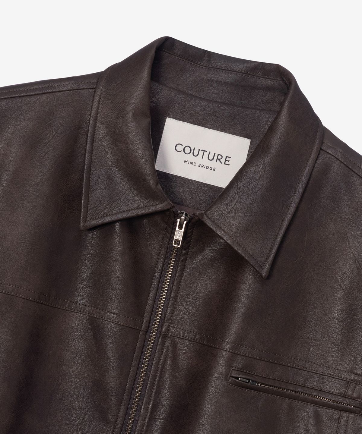 마인드브릿지(MINDBRIDGE) [COUTURE]브라운 워싱 레더 집업 세미 오버핏 트러커