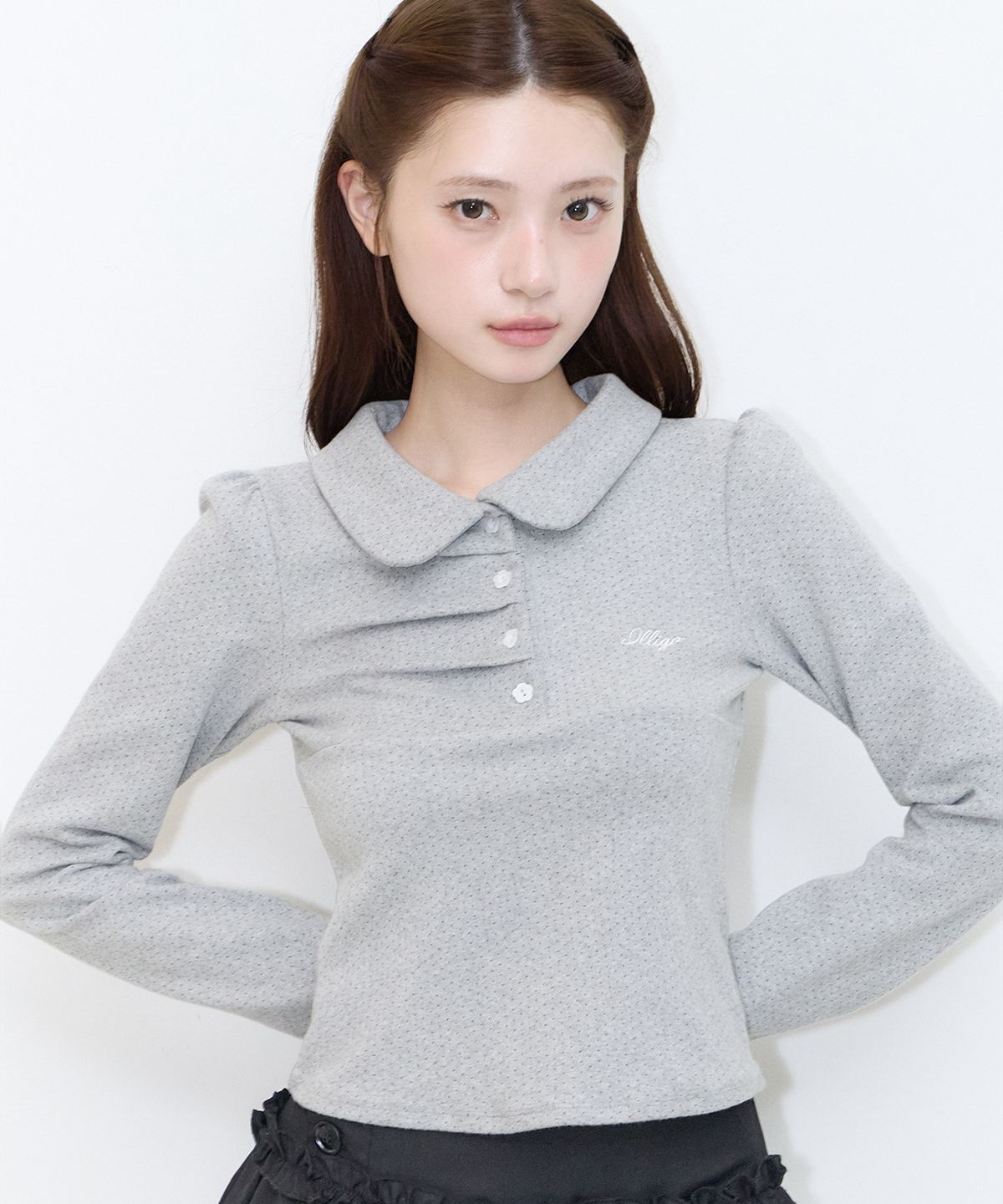 일리고(ILLIGO) 도트 핀턱 카라 롱슬리브 멜란지