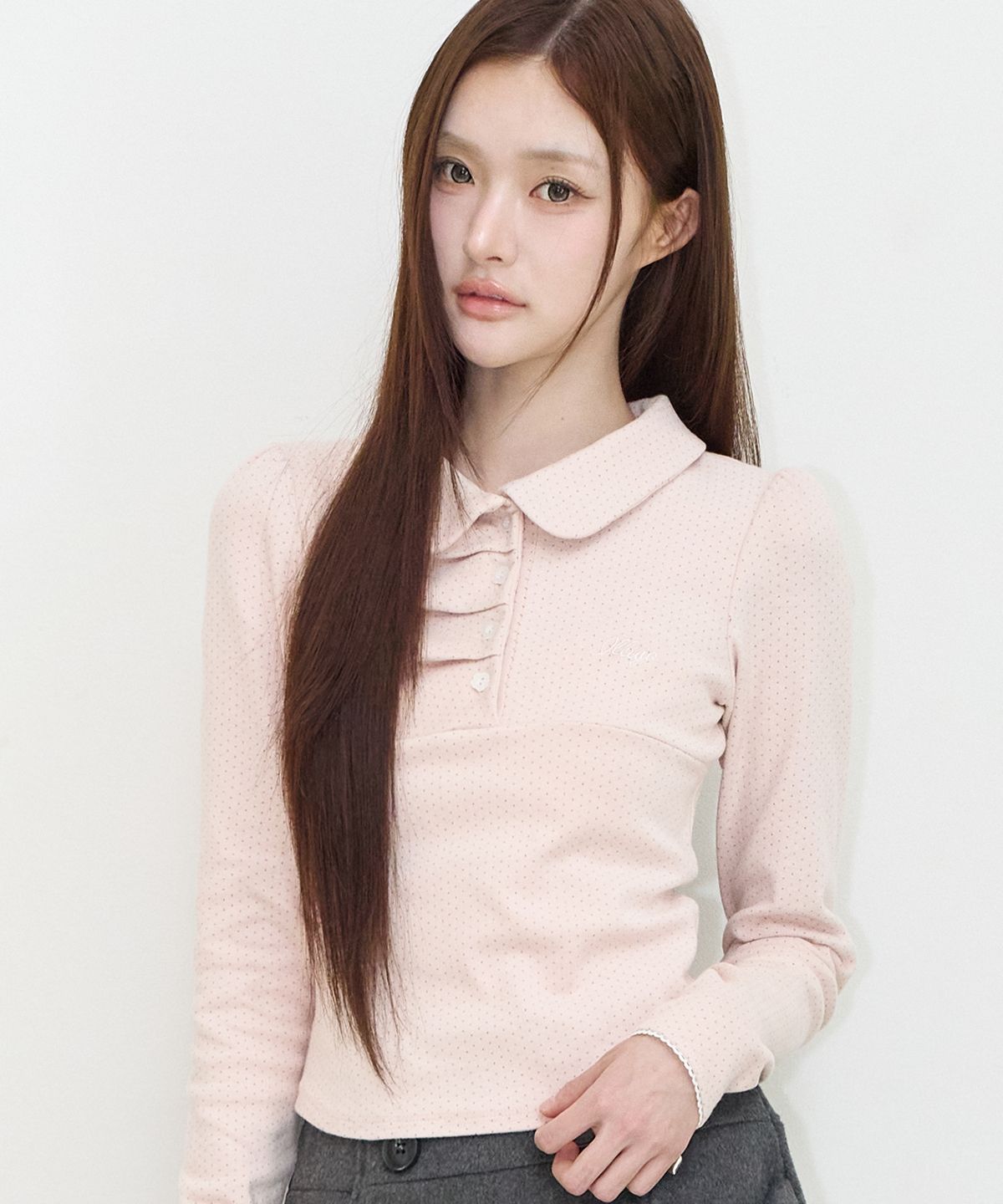 일리고(ILLIGO) 도트 핀턱 카라 롱슬리브 핑크