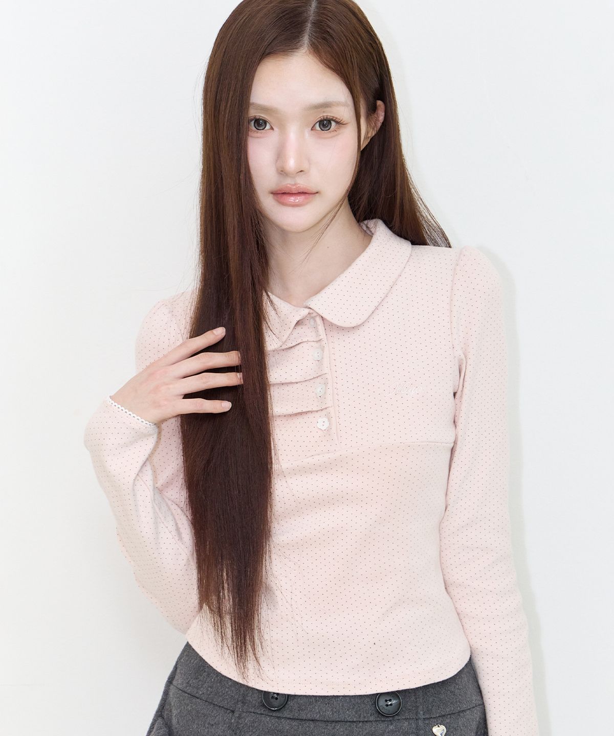 일리고(ILLIGO) 도트 핀턱 카라 롱슬리브 핑크