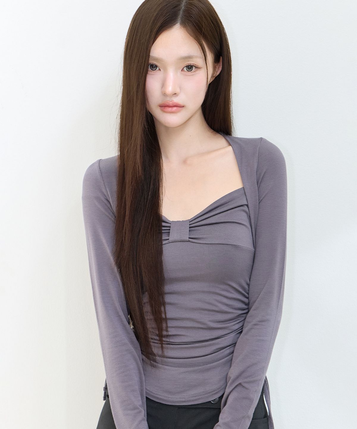 일리고(ILLIGO) 보우 볼레로 셔링 탑 차콜