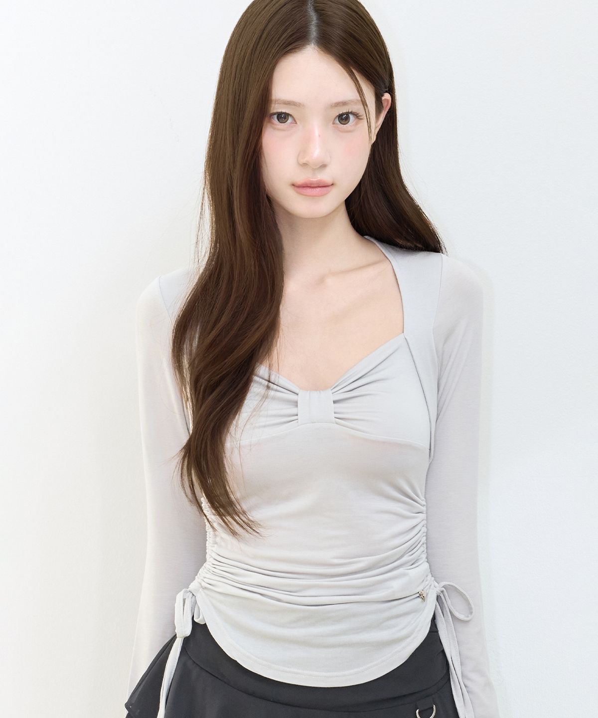 일리고(ILLIGO) 보우 볼레로 셔링 탑 그레이