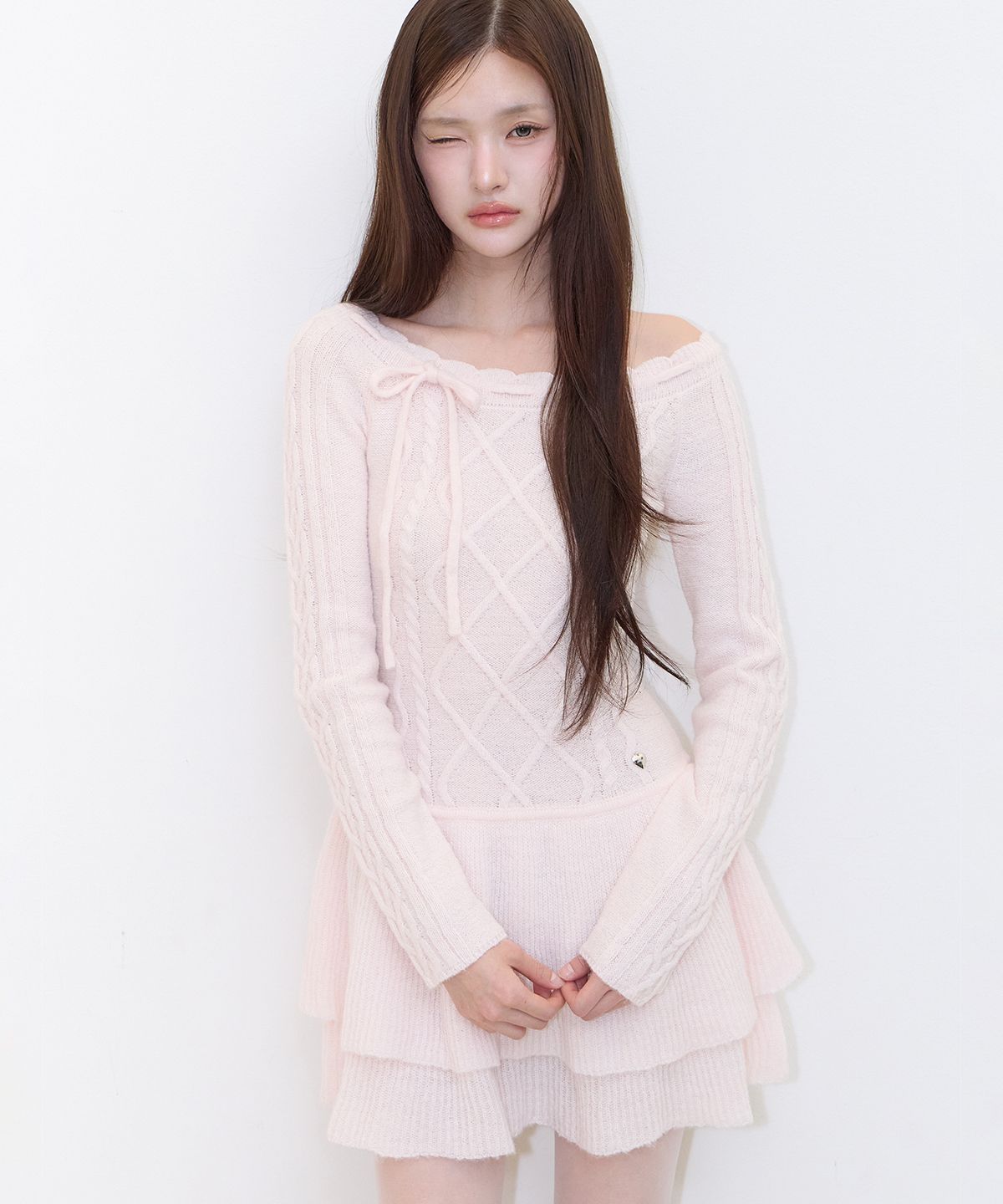 일리고(ILLIGO) 오프숄더 캉캉 원피스 핑크