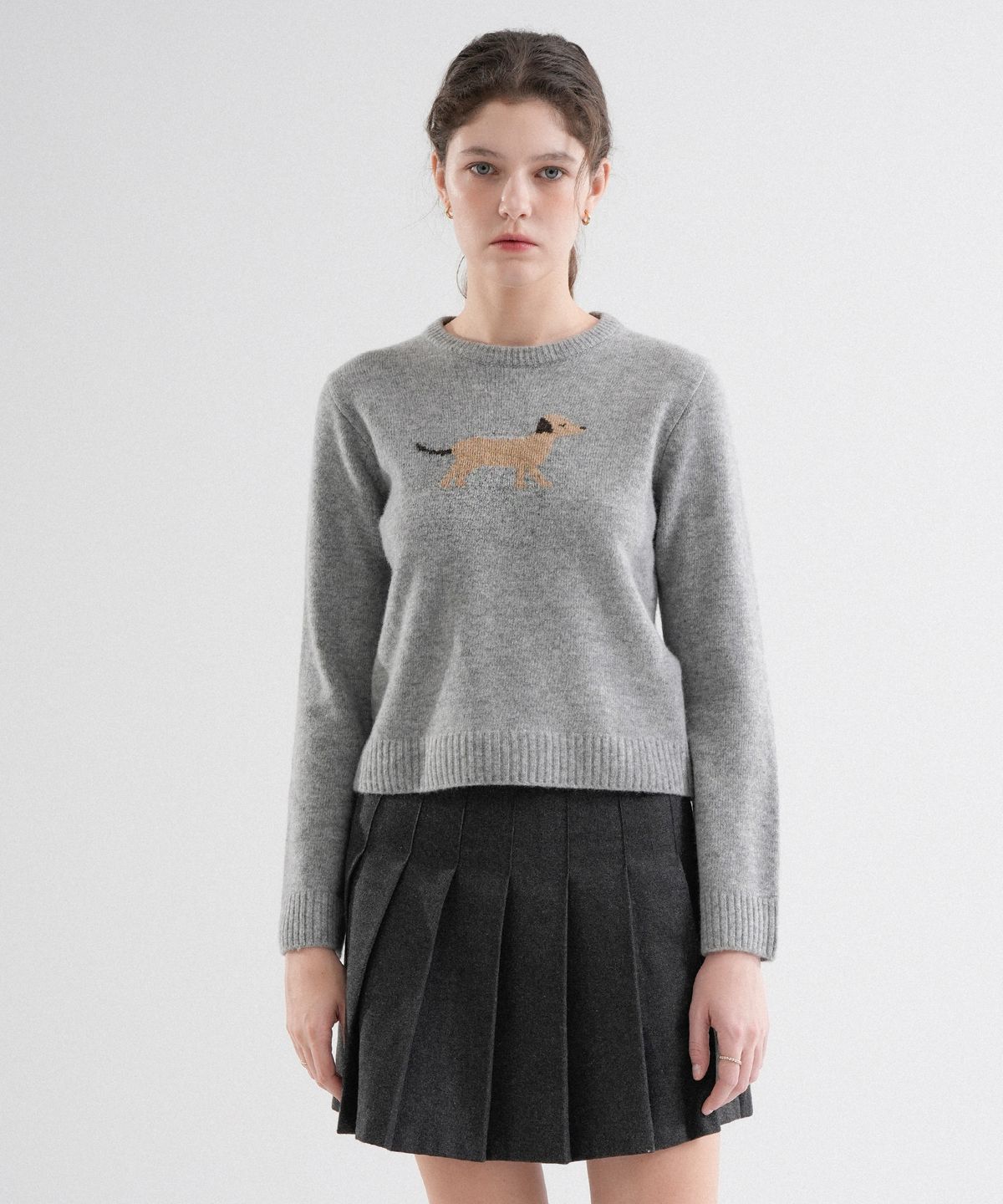 블레티(VLETI) Wool 100% Puppy Slim Fit Intarsia Round Knit (Gray)