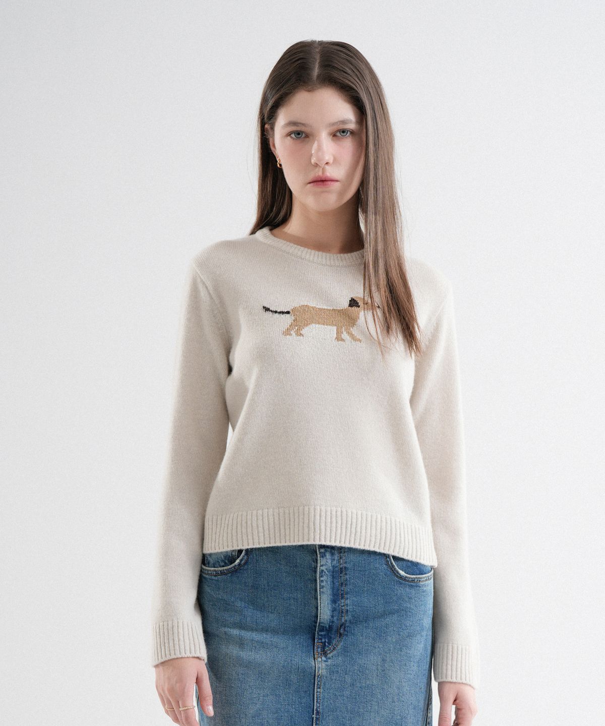 블레티(VLETI) Wool 100% Puppy Slim Fit Intarsia Round Knit (Salted_cream)