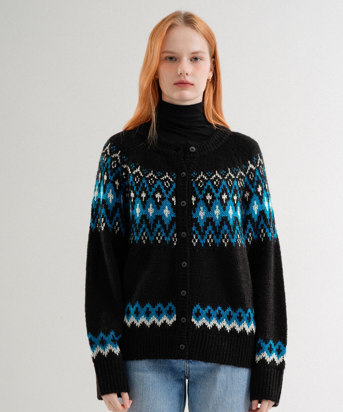 블레티(VLETI) Wool Jacquard Knit Cardigan (Black)