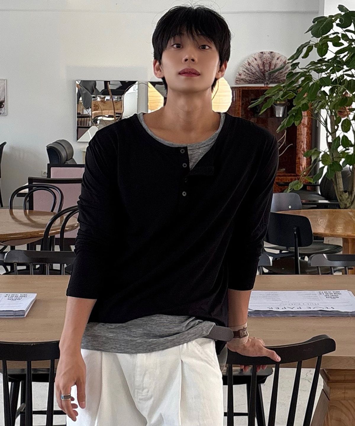 드로우핏(DRAW FIT) 레이어드 헨리넥 롱슬리브 티셔츠 [BLACK]
