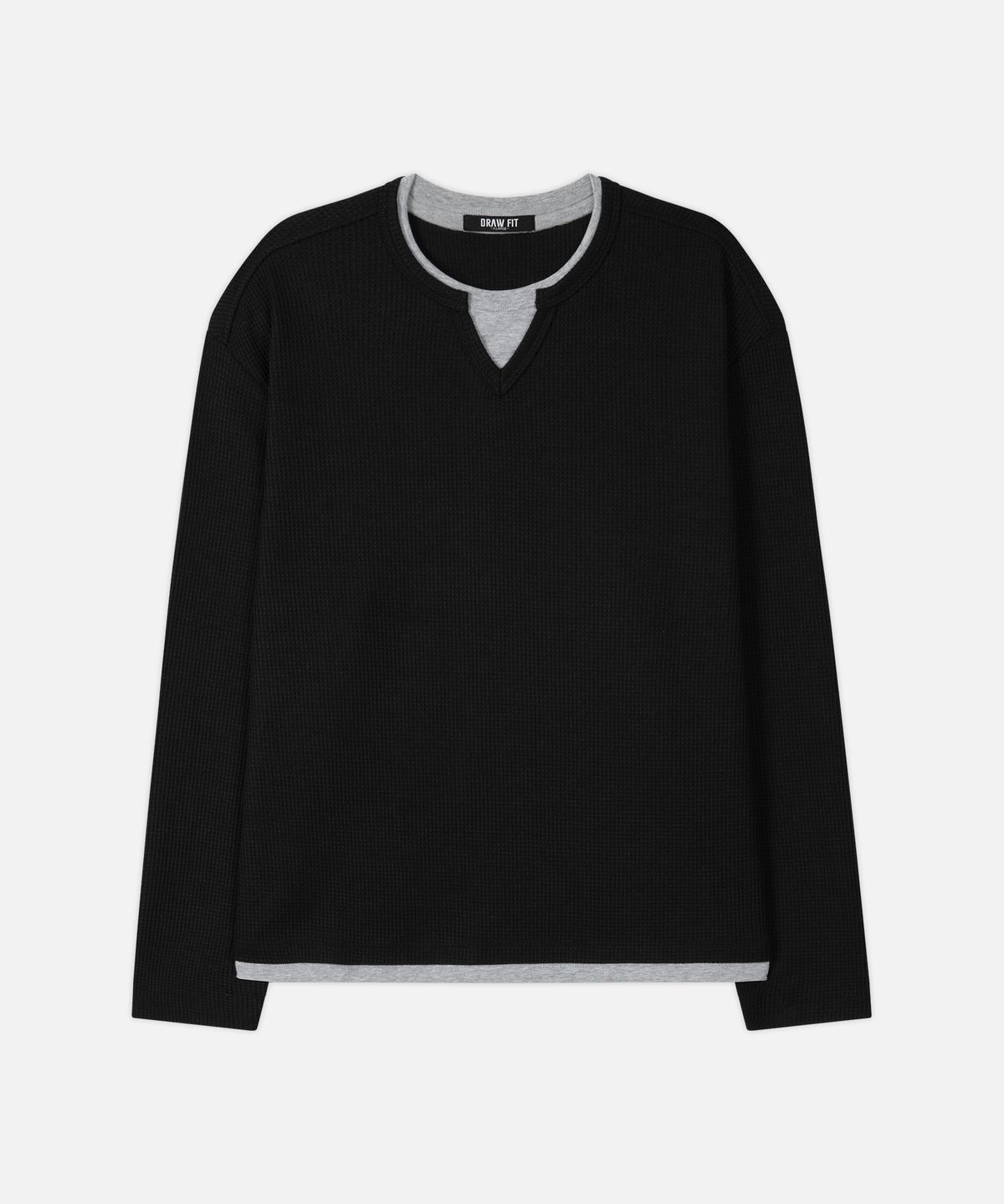 드로우핏(DRAW FIT) 레이어드 와플 헨리넥 티셔츠 [BLACK]