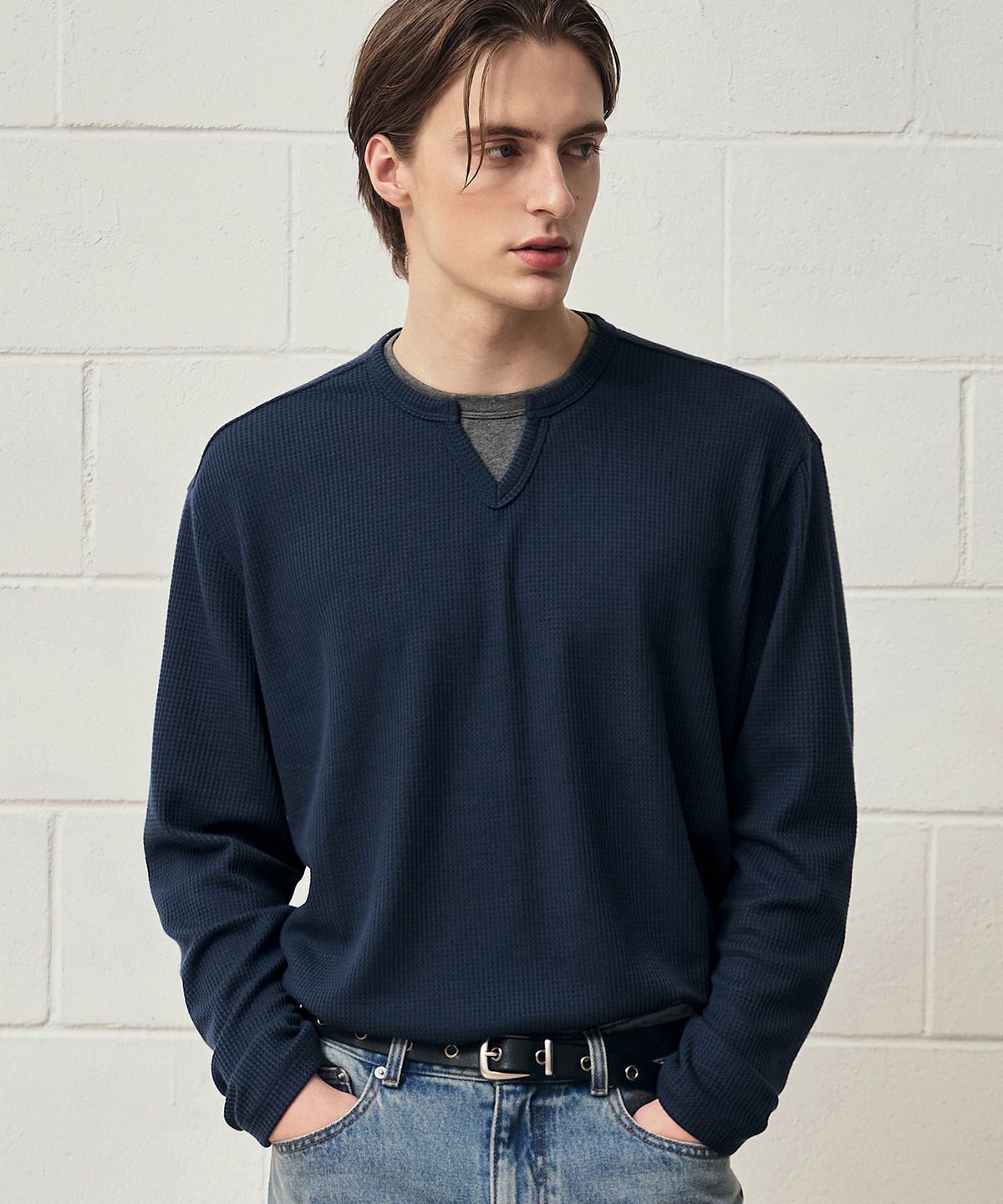 드로우핏(DRAW FIT) 레이어드 와플 헨리넥 티셔츠 [NAVY]